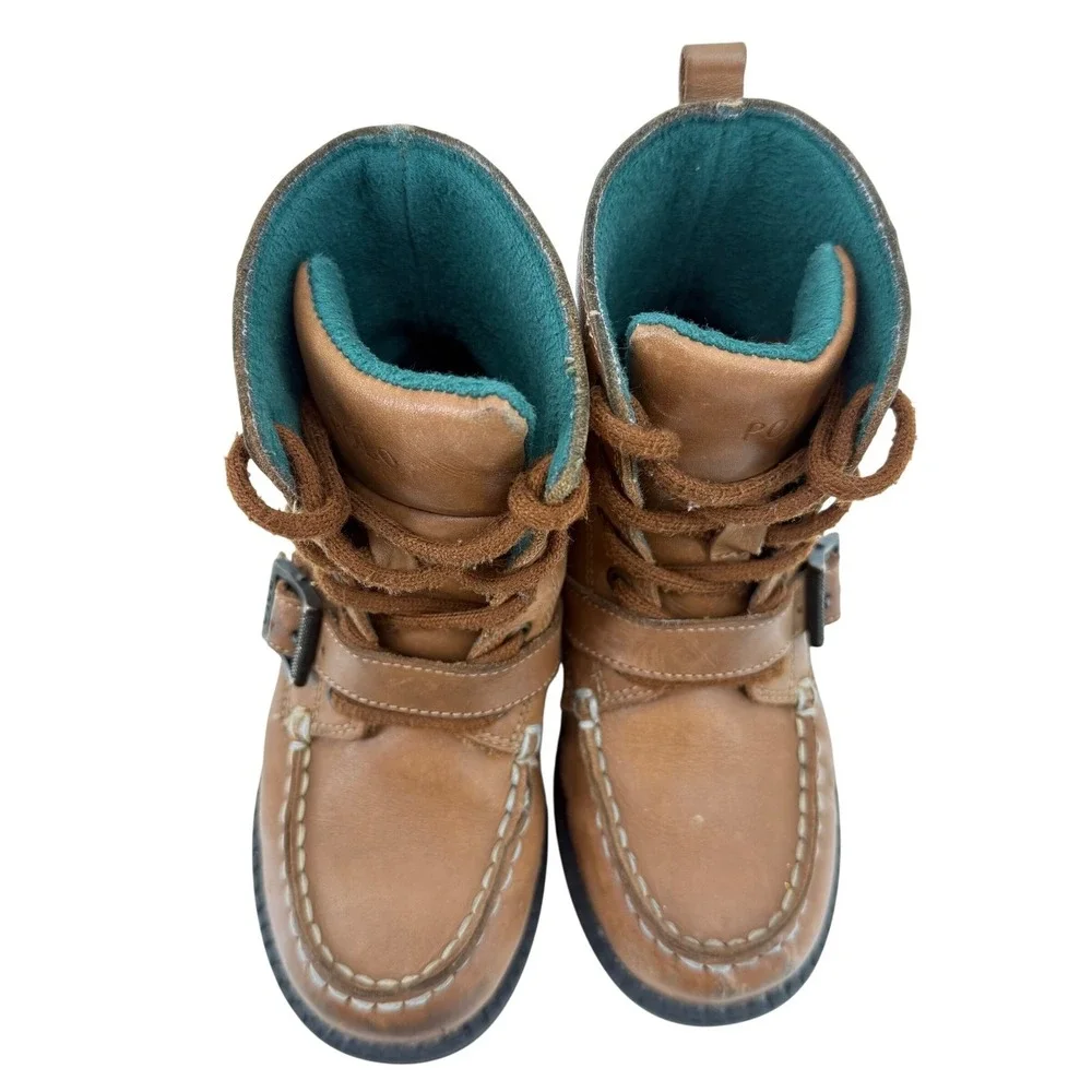 Polo Ralph Lauren Kids Tan Leather Ranger Hi Lace Up Buckle Boots Size 10